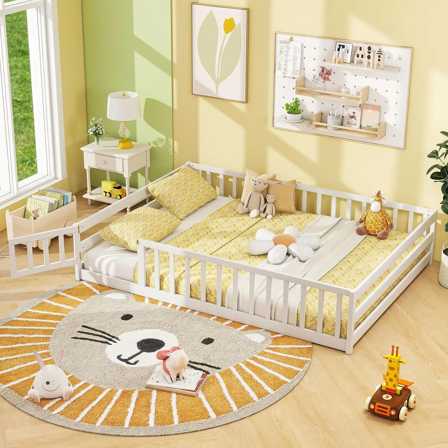 

Full Floor Bed with Door & Fence, Kids Wood Montessori Beds with Safety Guardrails, Floor Bed Twin for Kids, Boys,, Customized