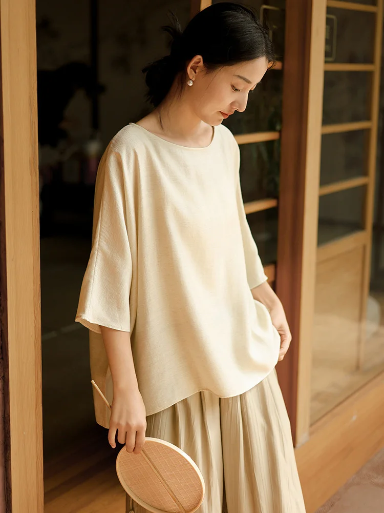 

Batwing Sleeve Cape Top Women Boat Neck Oversize Linen Blends Shirt Blouse