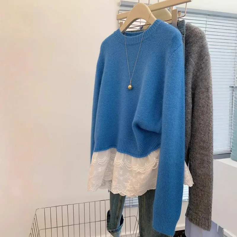 

New Fake Two-piece Lace Splicing Loose Outer Pullover Sweater for Women in Autumn Winter