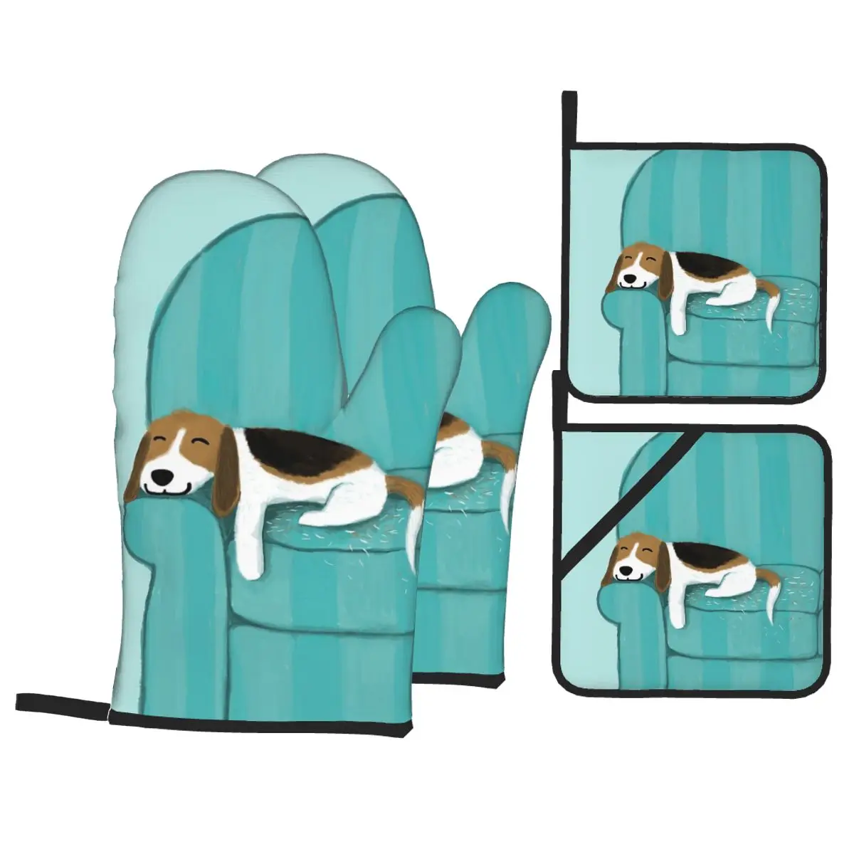 Happy Couch Dog Cute Beagle Oven Mitts and Pot Holder Sets of 4 for Baking Kitchen Cooking BBQ Resistant Non-Slip Gloves