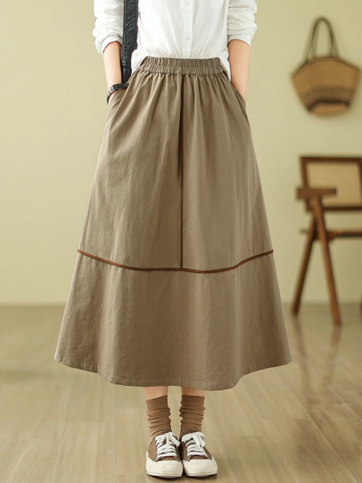 Kaki kleur puur katoen A-lijn rok dames retro kleur Blo elastische taille afslankende midi rok woon-werkverkeer Sle vrijetijdskleding