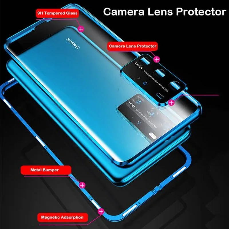 360 Double Sided Magnetic Glass Case For Huawei P30 P40 P50 P60 Pro Cover Honor 30 40 50 60 70 80 90 Pro Camera Lens Protector