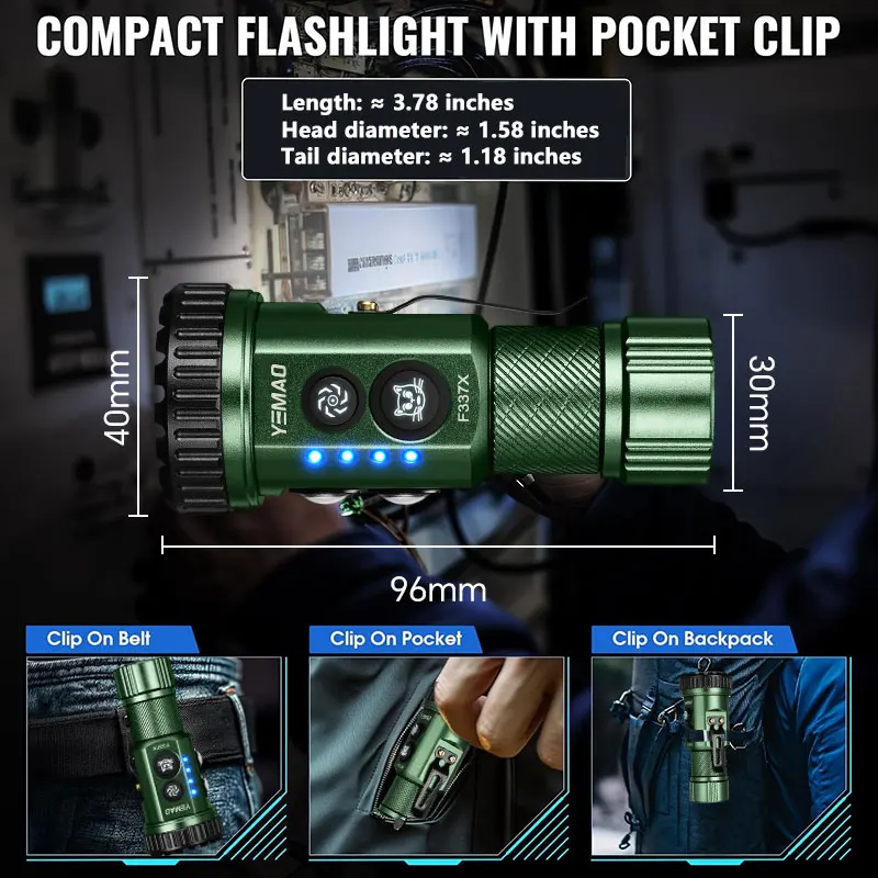 YEMAO F337X 3000LM مصباح يدوي LED، 13 وضعًا، فتائل 7XTE + 2SMD، بطارية 18350/18650، مغناطيس ومشبك، إضاءة موقع العمل والأمن #6