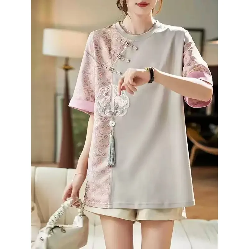 National style jacquard splicing short-sleeved new Chinese bead-buckled versatile casual top, excluding shorts