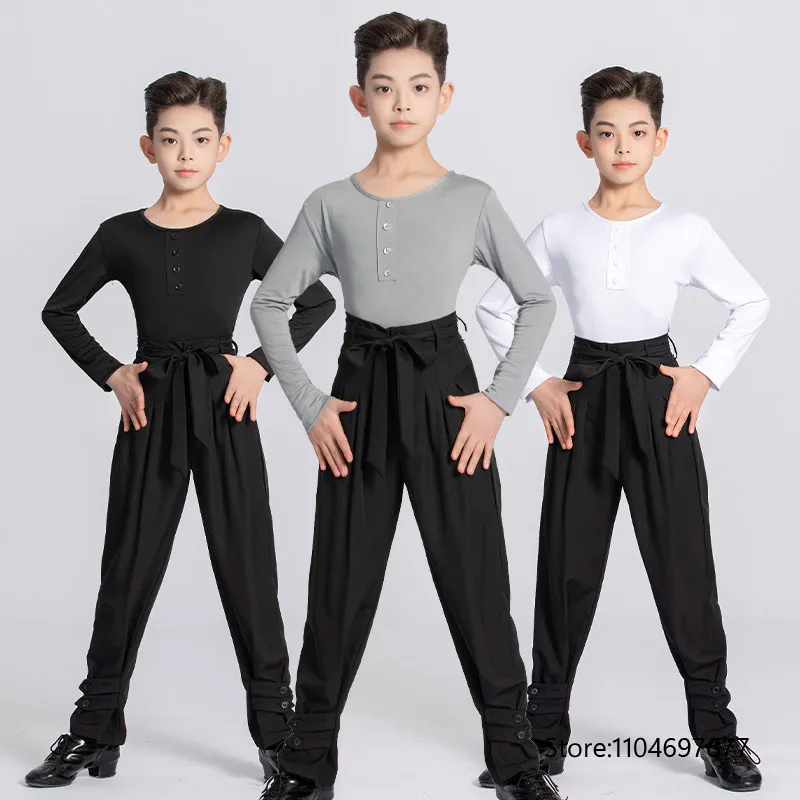 Boy's long-sleeved Latin dance suit with button design, boy's dance suit, waltz skirt, Latin dance two-piece suit