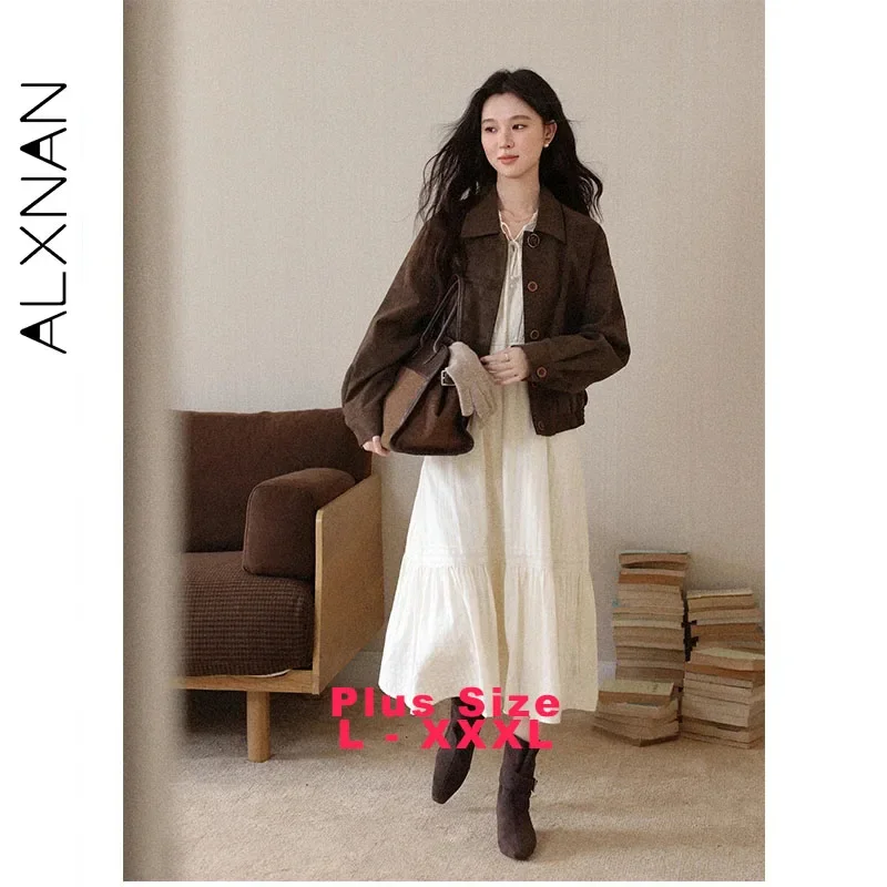 ALXNAN Plus Size Short Jacket 2026 Fall Winter Brown Turn-down Collar Button Coats Loose-fit Casual Versatile Outerwear D58016