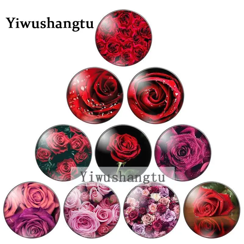Fashion Beauty Flower Rose 10pcs 12mm/18mm/20mm/25mm Round Photo Glass Cabochon Demo Flat Back Making Findings ZB0543