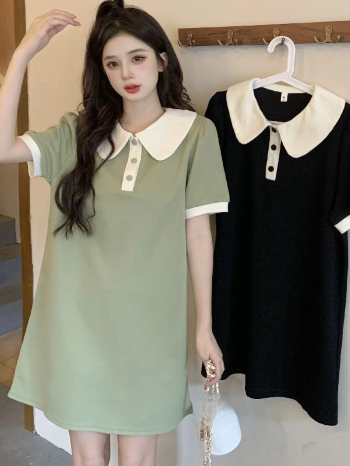 

plus Size Casual Ne ort Sve T-irt Dr Women's Fat MM Summer A-Line Skirt Dr Korean Sle Thin Fabric