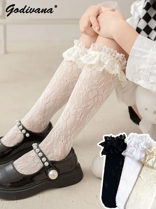 Sweet Baby Girls Summer Thin Lace Trim Japanese Lolita Princess Socks Kids Mid-calf Scrunch Japanese Mesh White Jk Socks