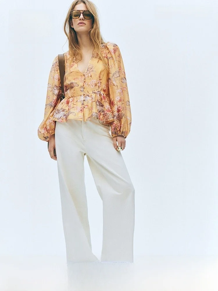 

Женская летняя рубашка H&M из смесового волокна, новый фасон, с V-образным вырезом, длинными рукавами, на пуговицах, с отделкой под юбку, из льняной смеси, стандартной толщины