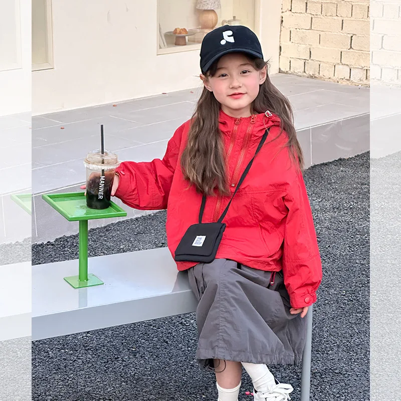 

Children's solid color hooded sunscreen jacket, trendy girls' Korean version, casual loose and lightweight zipper jacket