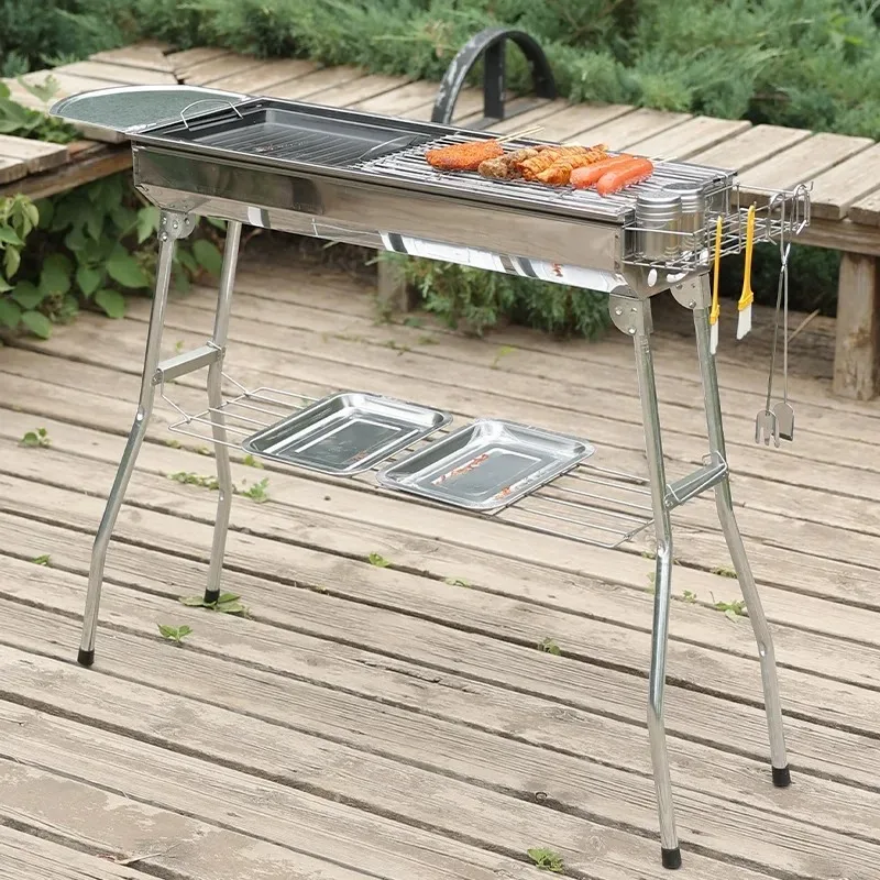 

Outdoor Stainless Steel Charcoal Grill Large Size Barbecue Tool Portable Free Installation Handle Folding BBQ Cooking