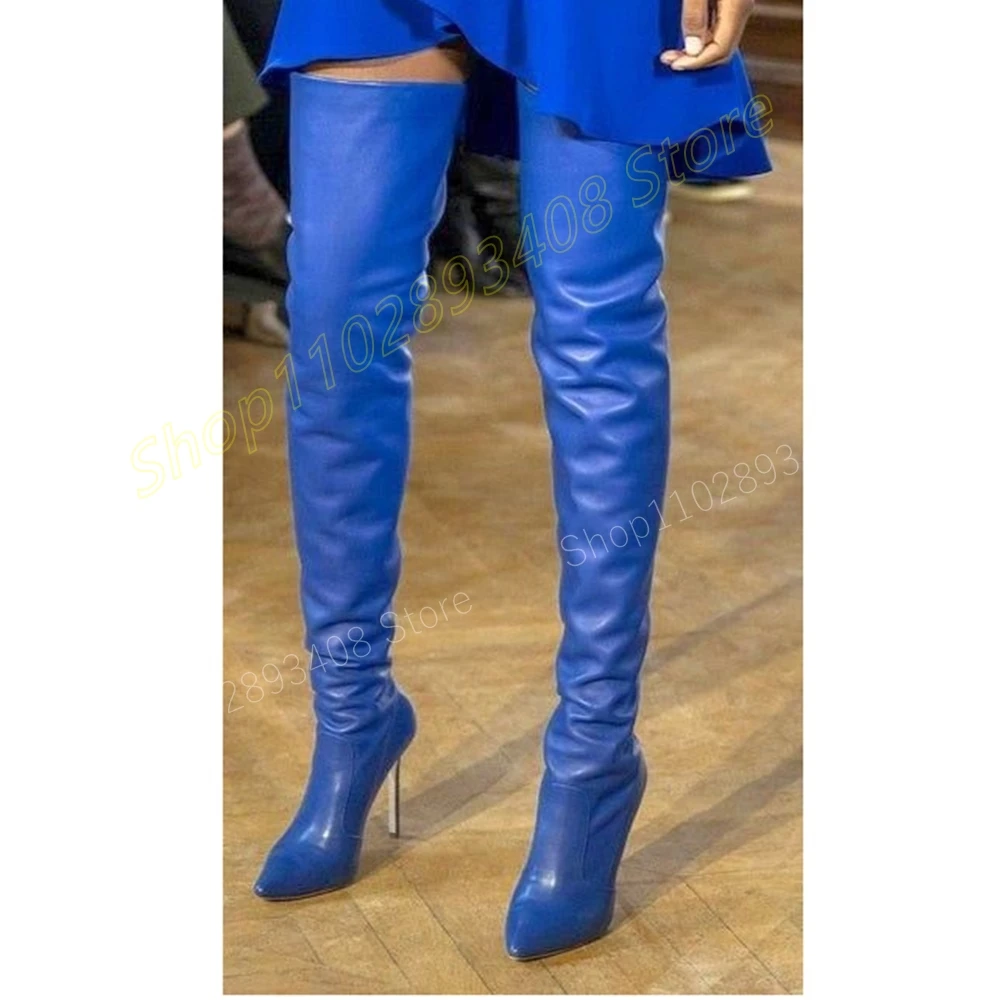 

Dark Blue Pointy Matte Leather Over the Knee Boots Zipper Stiletto High Heel Fashion Sexy Women Shoes 2024 Zapatos Para Mujere