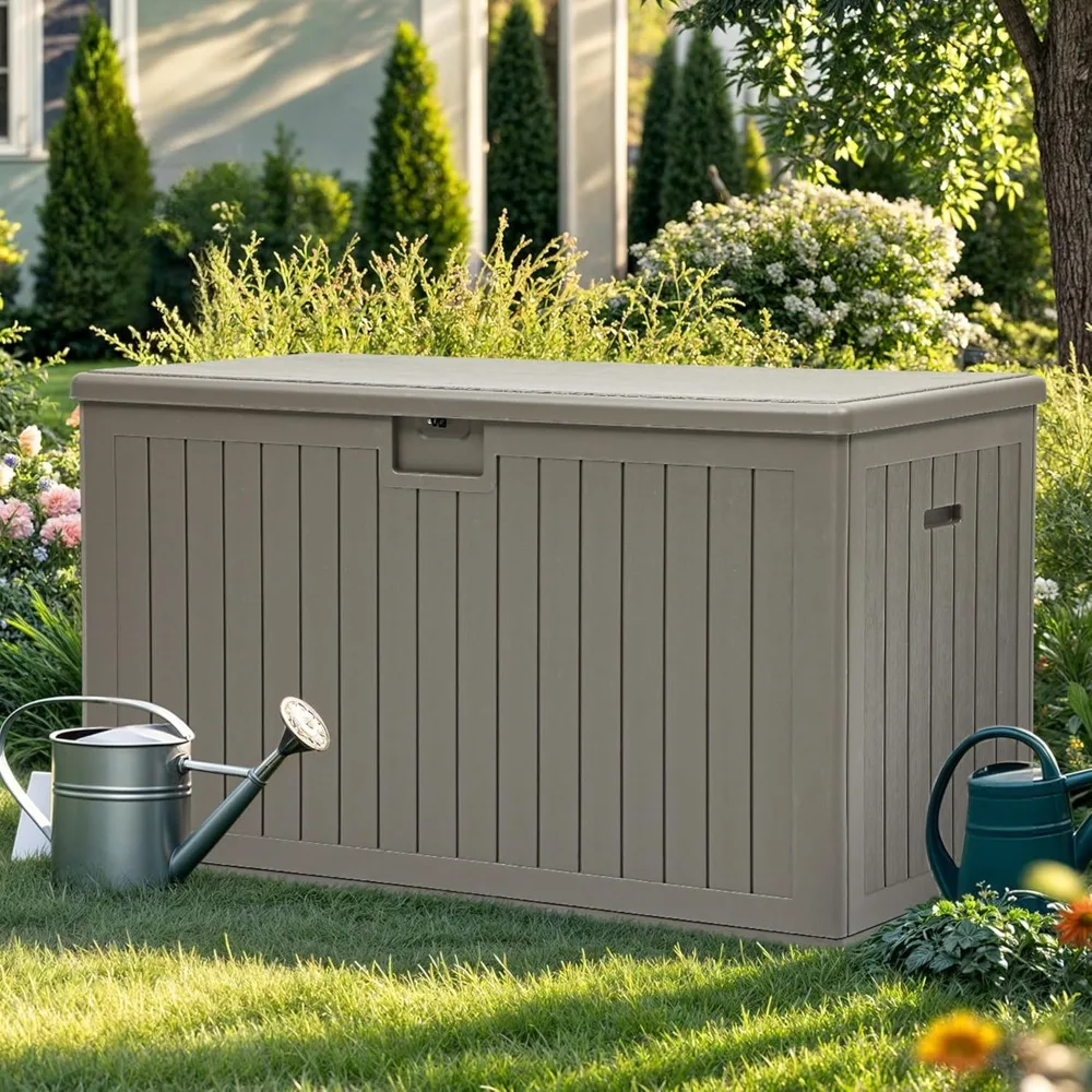 

200 gallon oversized deck container, double walled resin outdoor storage box with flexible partitions