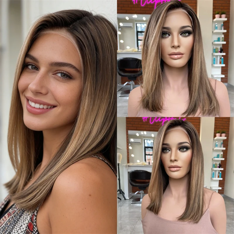 

Синтетический парик с HD-кружевом 13x4, без клея, с предварительно проработанной линией роста волос, омбре, карамельно-коричневый с блонд-отливами, короткий прямой боб, свободная линия разделивания