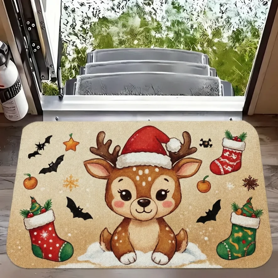 Reindeer Christmas Stocking Bat Orange Doormat For Holiday Gathering Pet Lover Gift Non Slip Indoor Floor Mat