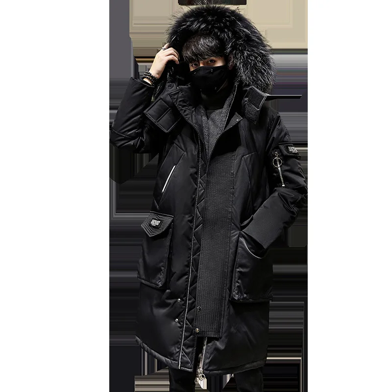 Thickened Men's Down Coat with Hooded Faux Fur Collar Winter Long Parka Jacket Outdoor