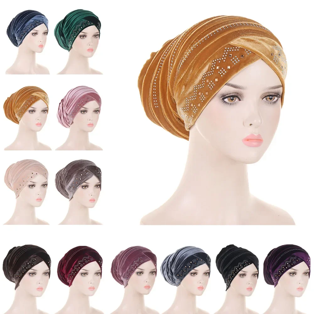 

Muslim Turban Caps Gold Velvet Inner Hijabs For Women With Drill Ethnic Islamic Wrap Head Turbante Ready To Wear Hijab Bonnet