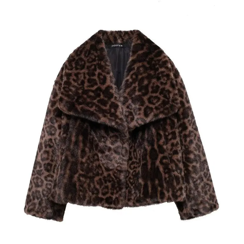 Women's Leopard Print Faux Fur Coat 2026 New Lapel Collar Warm Fluffy Jacket Autumn Winter Vintage Casual Short Fleece Outerwear