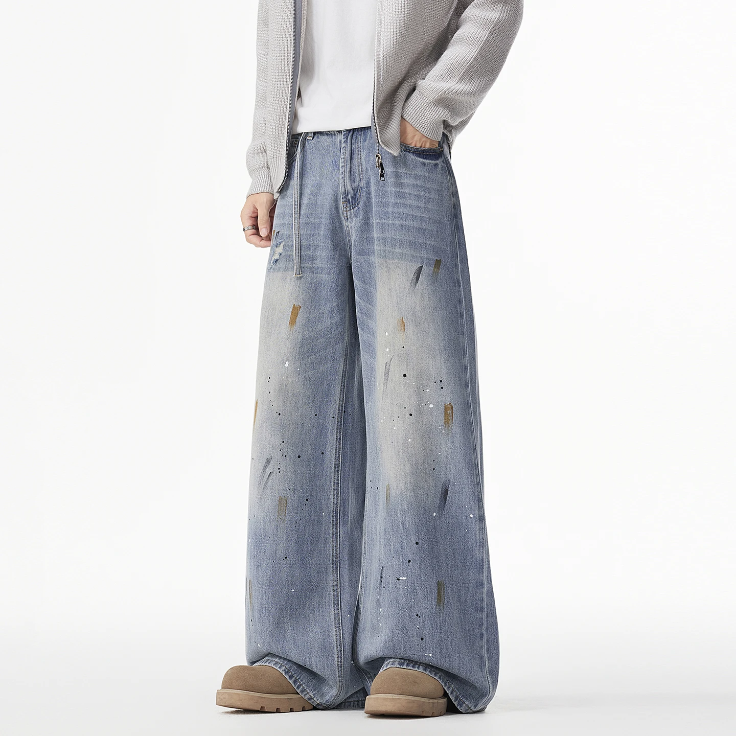 

Высококачественные джинсы с разбрызгами чернил, мужские мешковатые брюки в стиле ретро, трендовые мужские прямые брюки с граффити