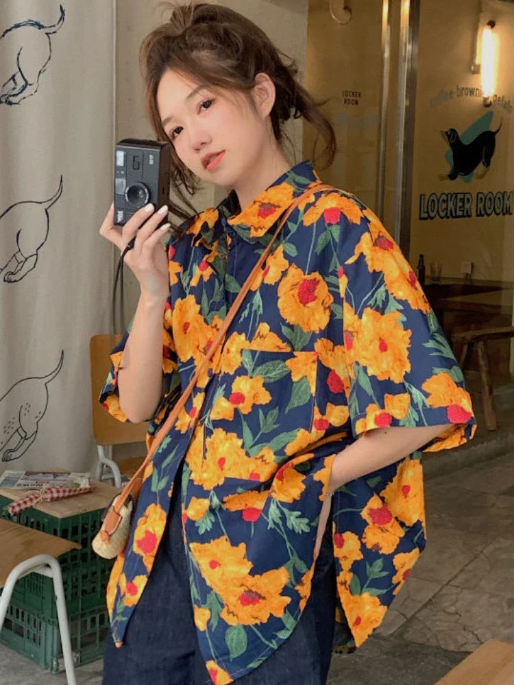 

Рубашки женские с цветочным отложным воротником, модные летние рубашки с коротким рукавом, винтажные, повседневные, эстетичные, свободные, уютные, дышащие, женские, универсальные