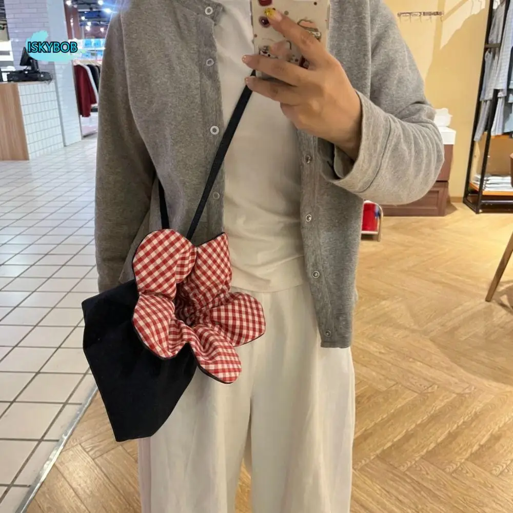 

Bundle Pocket Flower Drawstring Bag Korean Style Plaid Small Crossbody Bag Storage Bag Portable Denim Shoulder Bag Outdoor
