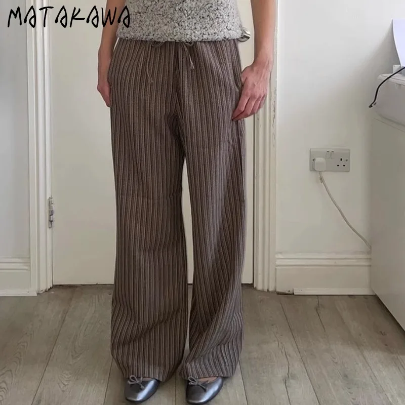 Matakawa Knitted Women Pants Autumn Winter Korean Fashion Vintage Thick Stripes Pantalones De Mujer Drawstring Loose Trousers