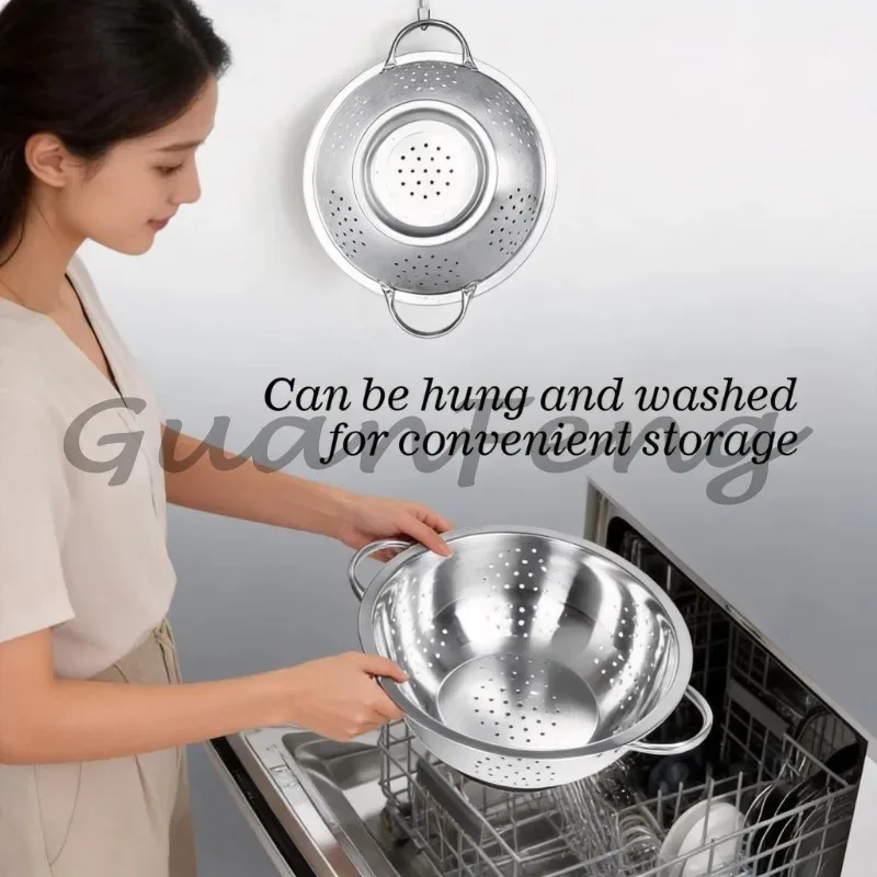 Large Stainless Steel Handle‑Type Colander, Pasta Food Strainer Basket With Self‑Draining Ring Base