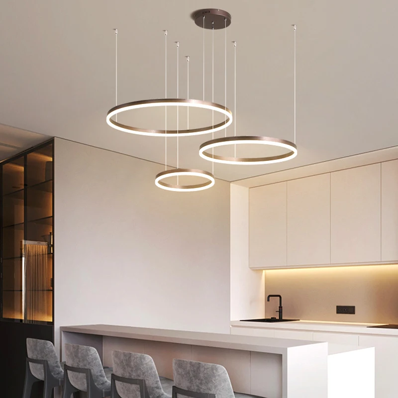 Modern Led Pendant Lights Home Lighting Brushed Rings Ceiling Mounted Chandelier Lighting Hanging Lamp Gold&Coffee Color