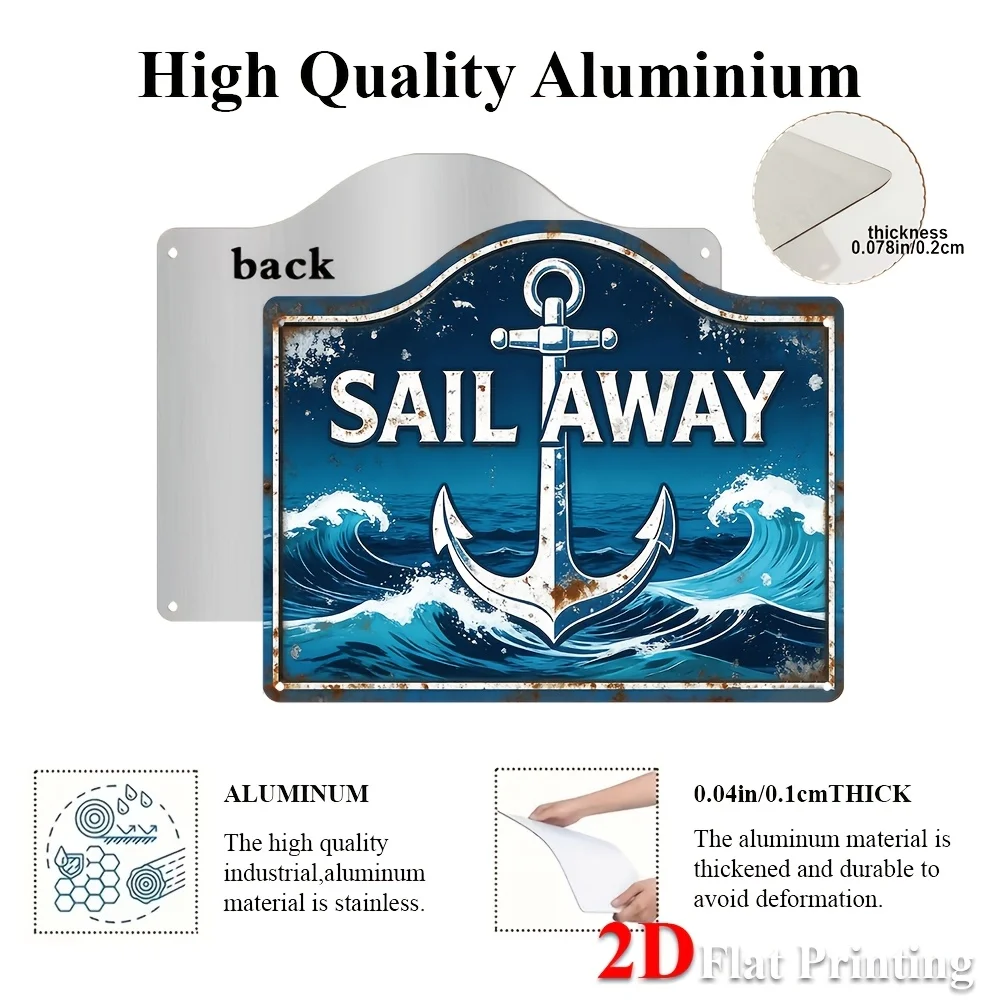 2D Flat, 1pc Nautical Sail Away Anchor - Metal Sign Suitable For Coastal Home, Beach House, Marina Decor, Vintage Maritime Chart