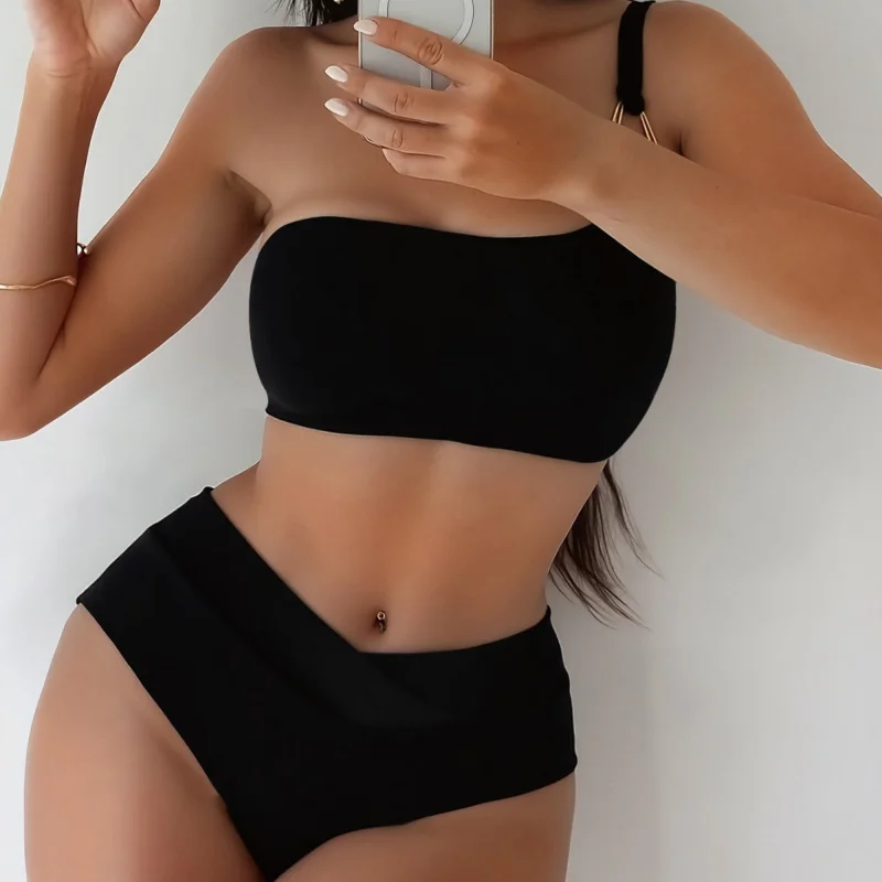 

2026 New Women's One-Shoulder Metal Buckle High-End Slimming Two-Piece Bikini Swimsuit