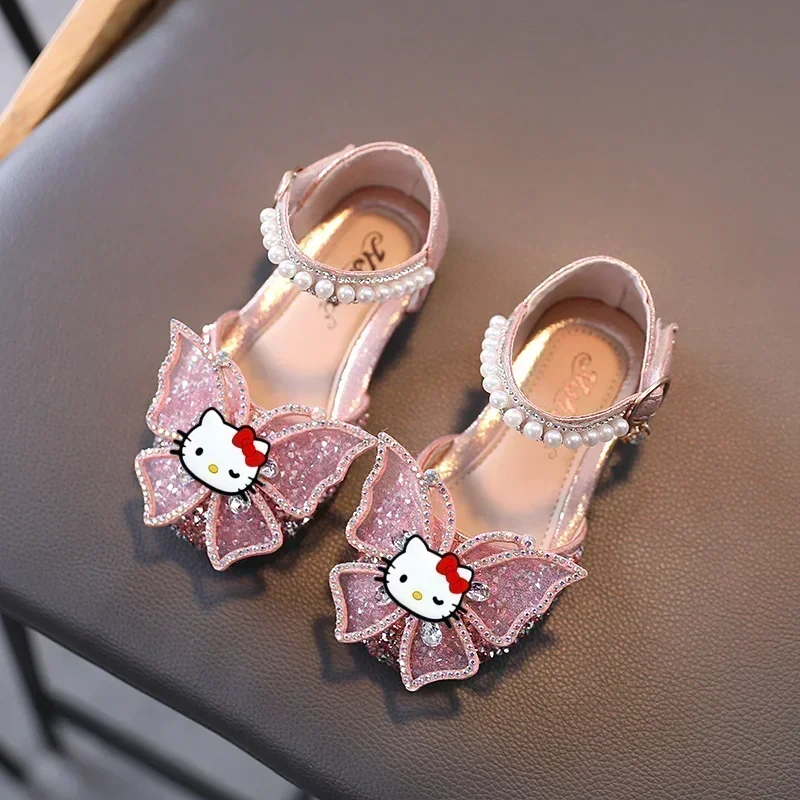 Sanrio hello kitty sandálias infantis com laço de strass, sapatos de performance para meninas, verão, novas solas macias, sapatos de princesa para estudantes