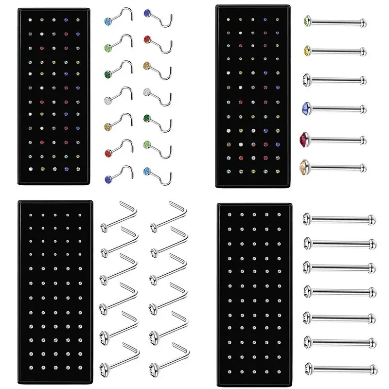 2PCS/Kit Stainless Steel Straight L Hook Nose Stud Piercing Fashion Crystal Nariz Nase Piercing Body Jewelry