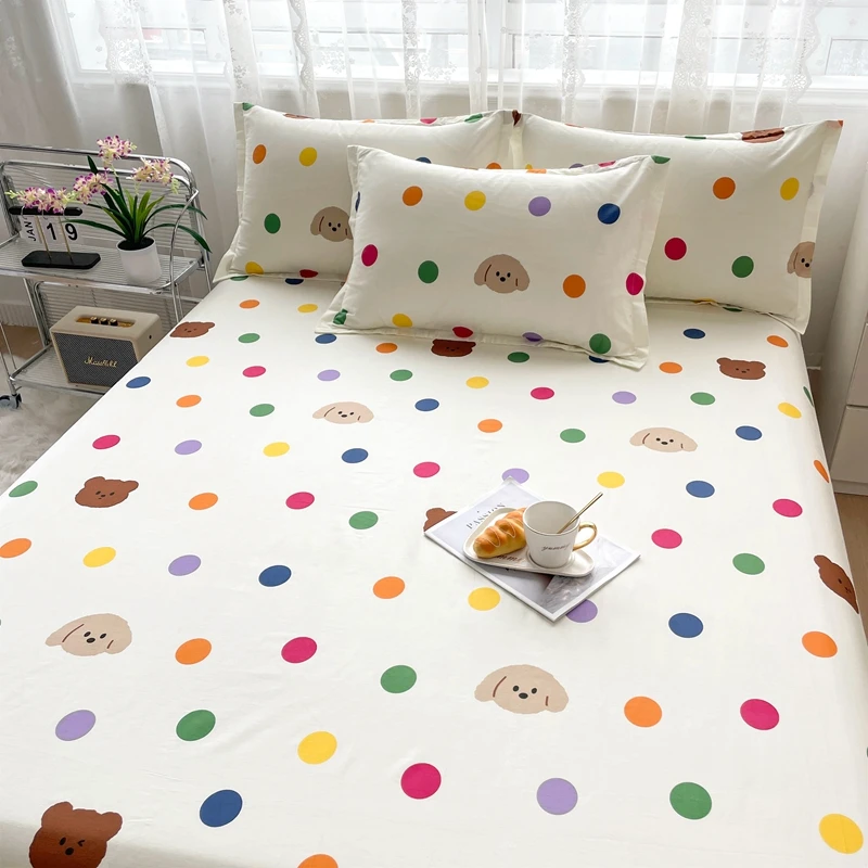 Colorful Polka Dot Bed Sheet Set Kid Cartoon Bear Single Soft Bedding with 2 Pillowcases Adult Bedroom Decoration King Bed Cover