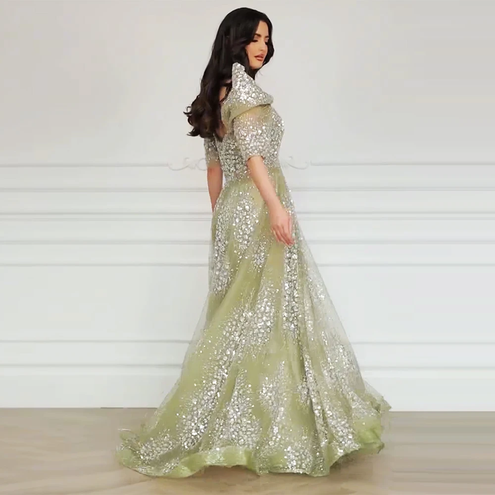 Alinovia Elegant Arabic A-Line Beaded Evening Dress for Women 2025 Puff Sleeves Long Formal Prom Weding Party Gown Customized