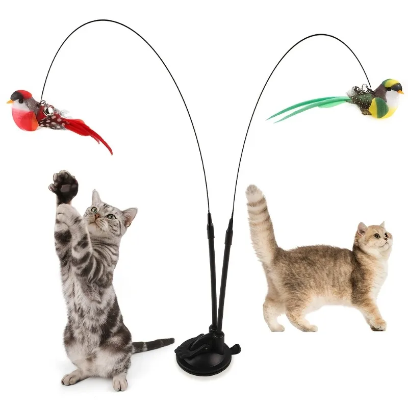 Interaktiver Katzen-Pägstab mit langer Doppelstange, leistungsstarker Saugnapf-Basis, freihändiges Katzenspielzeug mit Federbefestigung, zum Spielen im Freien