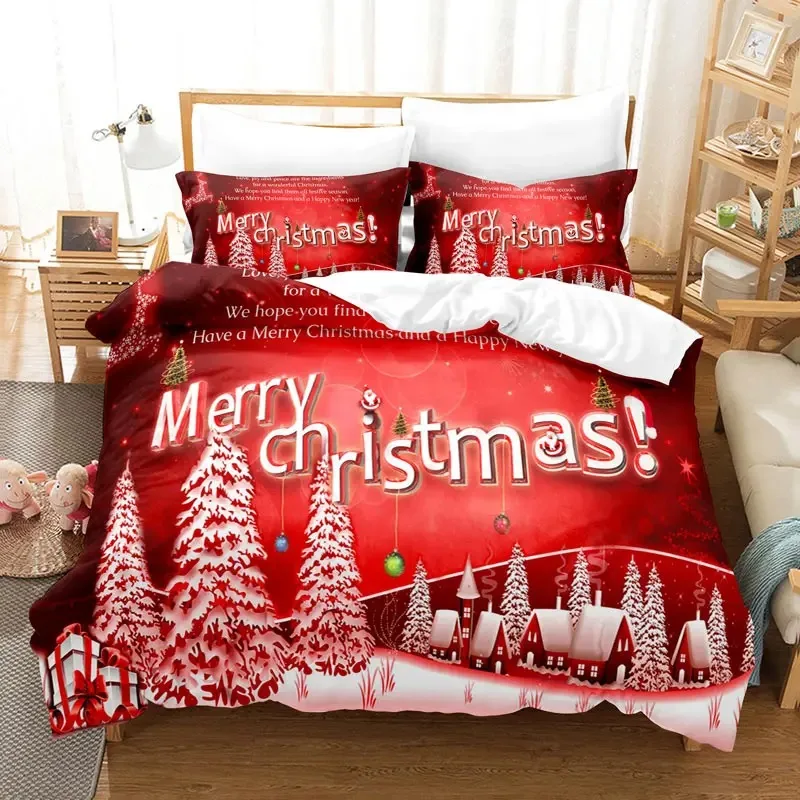 

3D Christmas Duvet Cover Set Red Colour Merry Christmas Theme Tree Gift Pattern For Kids Teens Adult Bedding Set King Queen Size