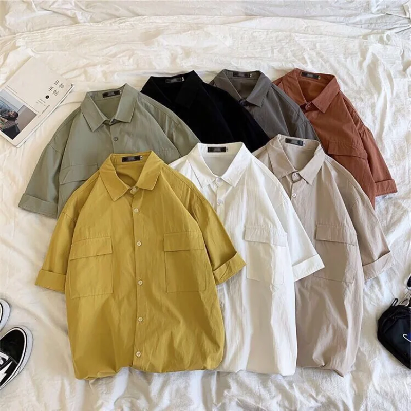 

Men's Shirts Casual Turn Down Collar Short Sleeve Button Loose Shirt Pocket Classic Style Solid Color Short Sleeve Couple Tops