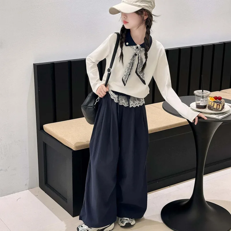 

2025 Autumn Korean Children Girls 2pcs Set Teenager Girls Turn Down Collar Top Junior Girls Lace Patchwork Wide Leg Pant