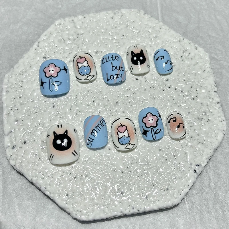 10 peças pintadas graffiti arte imprensa em unhas artesanal azul blush gatinho flores bonito curto usar unhas falsas