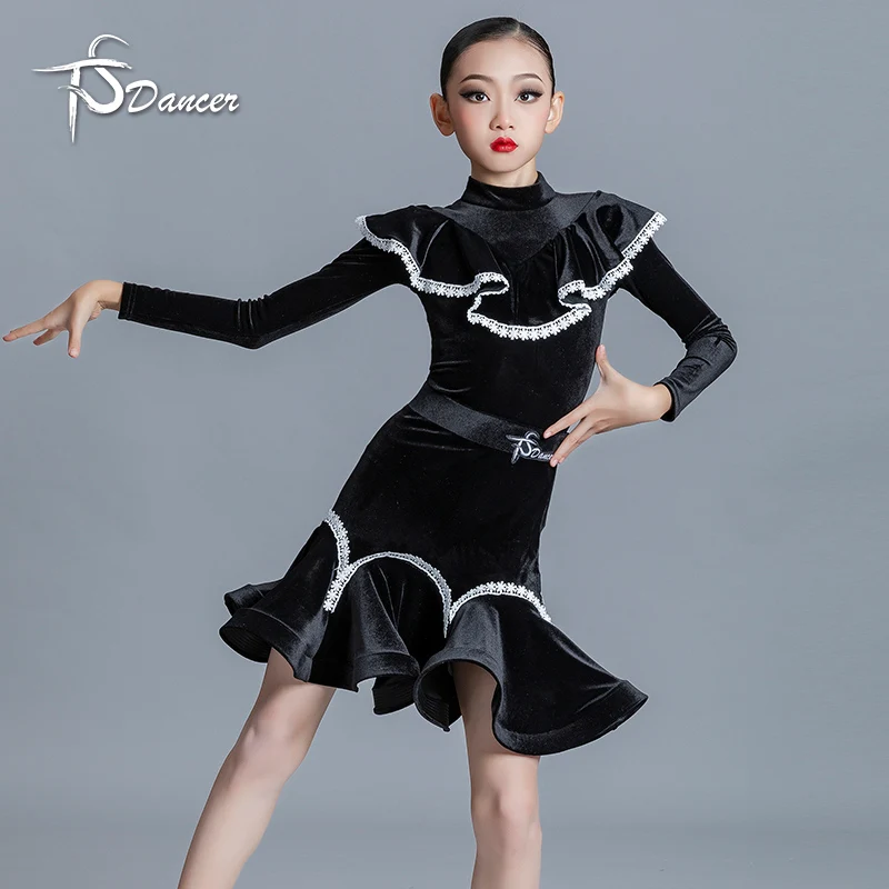 

Платье для латинских танцев, платье для выступлений для девочек, профессиональная практика, бархатное детское платье для выступлений с длинными рукавами, комплект