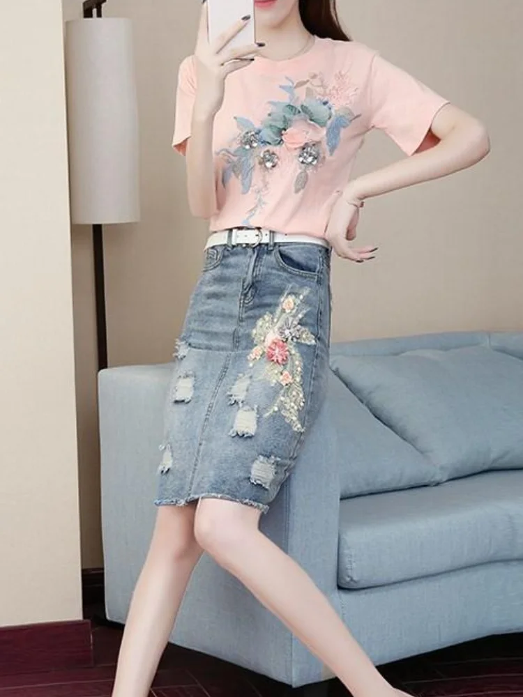 Women's Two Piece Set Flowers Midi Denim Female Outfits Hole Skirt Summer Fashion 2024 Clothing Luxury Elegant Casual Korea Chic