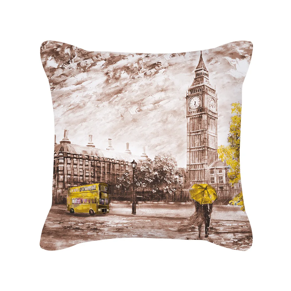 Cushion Cover Paris London City Landscape Oil Painting Pillow  Red Couple   Linen