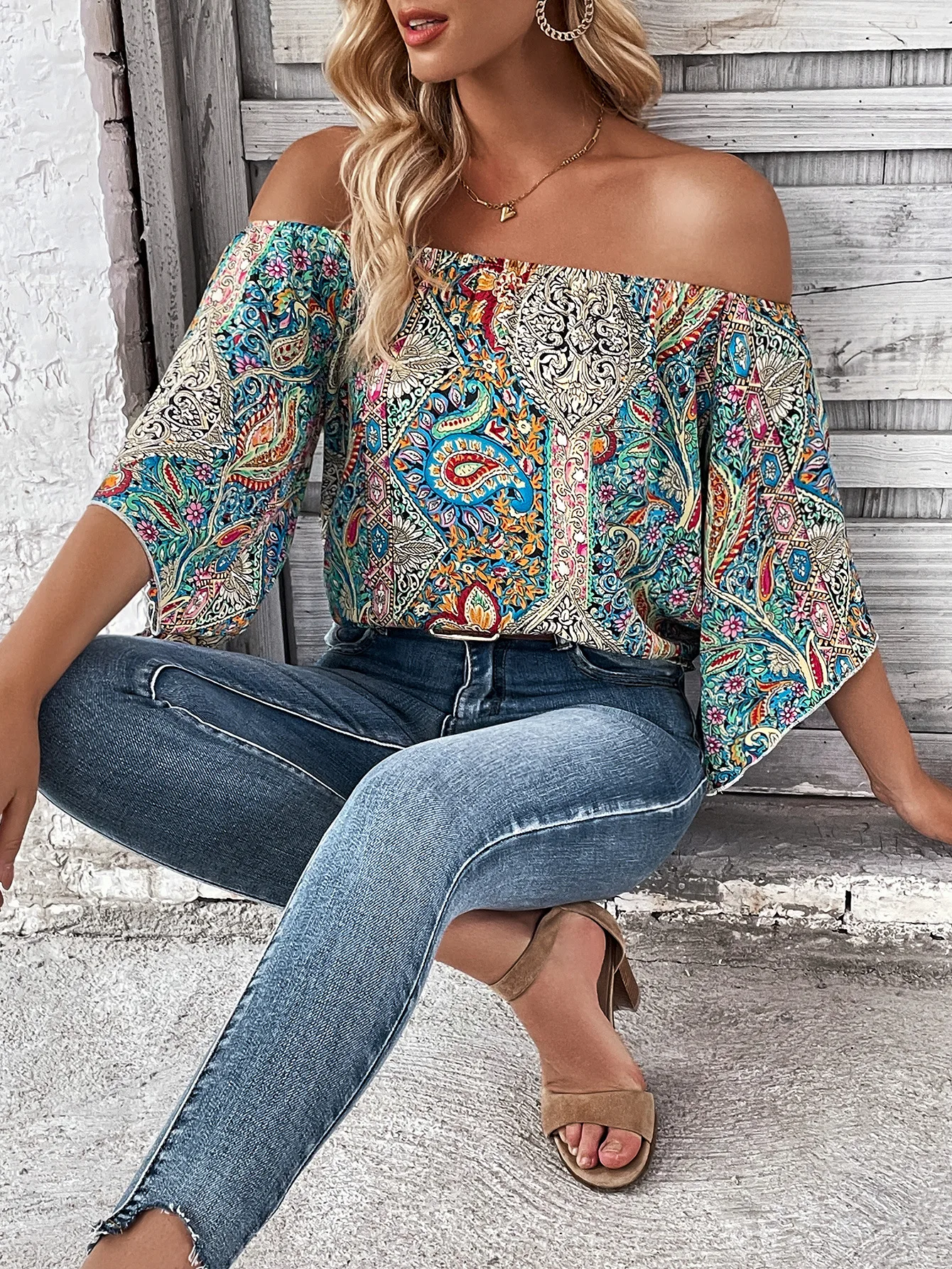 Summer Women's One Line Neck Off Shoulder Retro Ethnic Style Paisley Printed Short sleeved Top Bohemian Style Short sleeved