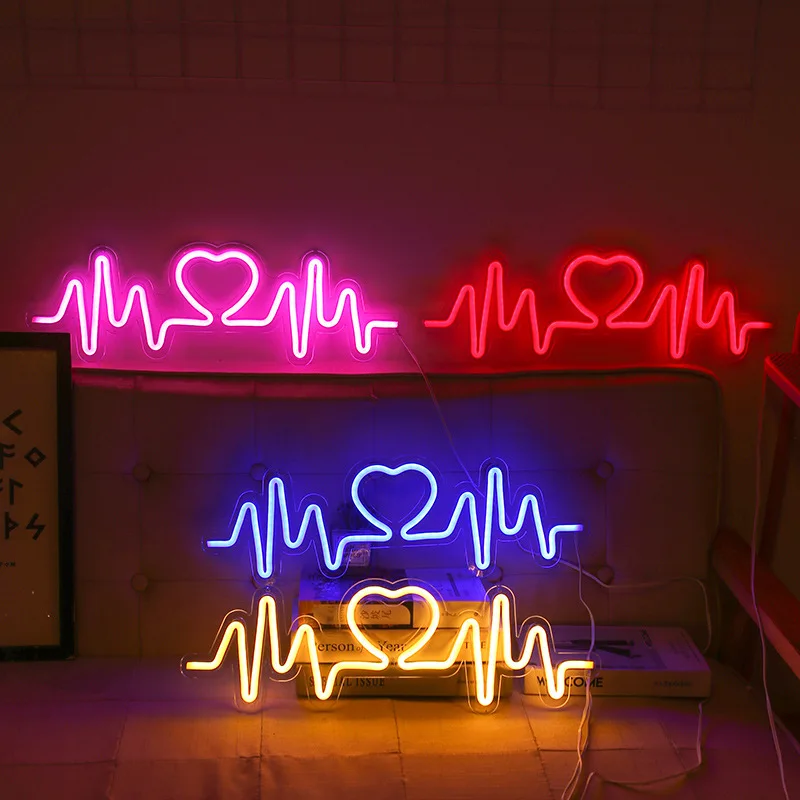 Love Heartbeats Led Neon Sign Light for Wall Decor USB Powered Transparent Backboard Ornament Night Light Sign Bedroom Hanging