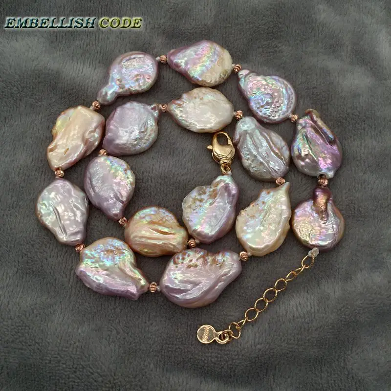 Charm Baroque Pearls Necklace Peach Purple Red-Golden Beads For Women Flat Oval Shape Natural Cultured Pearl Adjustable Clasp