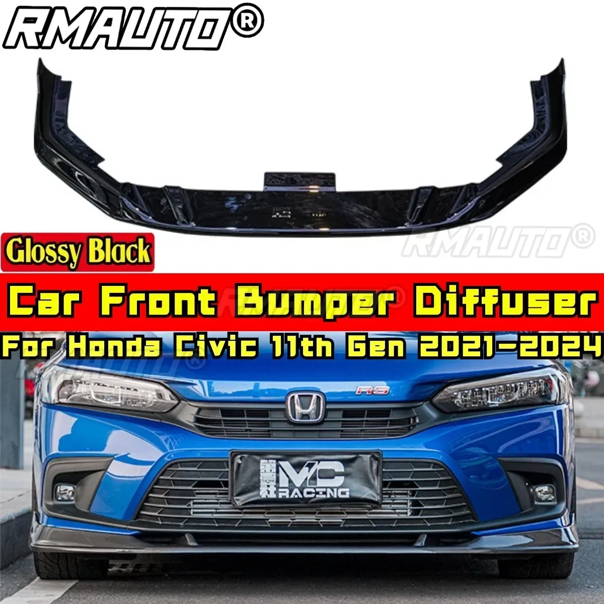 For Honda Civic 11th Gen 2021-2024 Body Kit Front Bumper Spoiler Glossy Black MC Style Front Bumper Guard Car Accessories