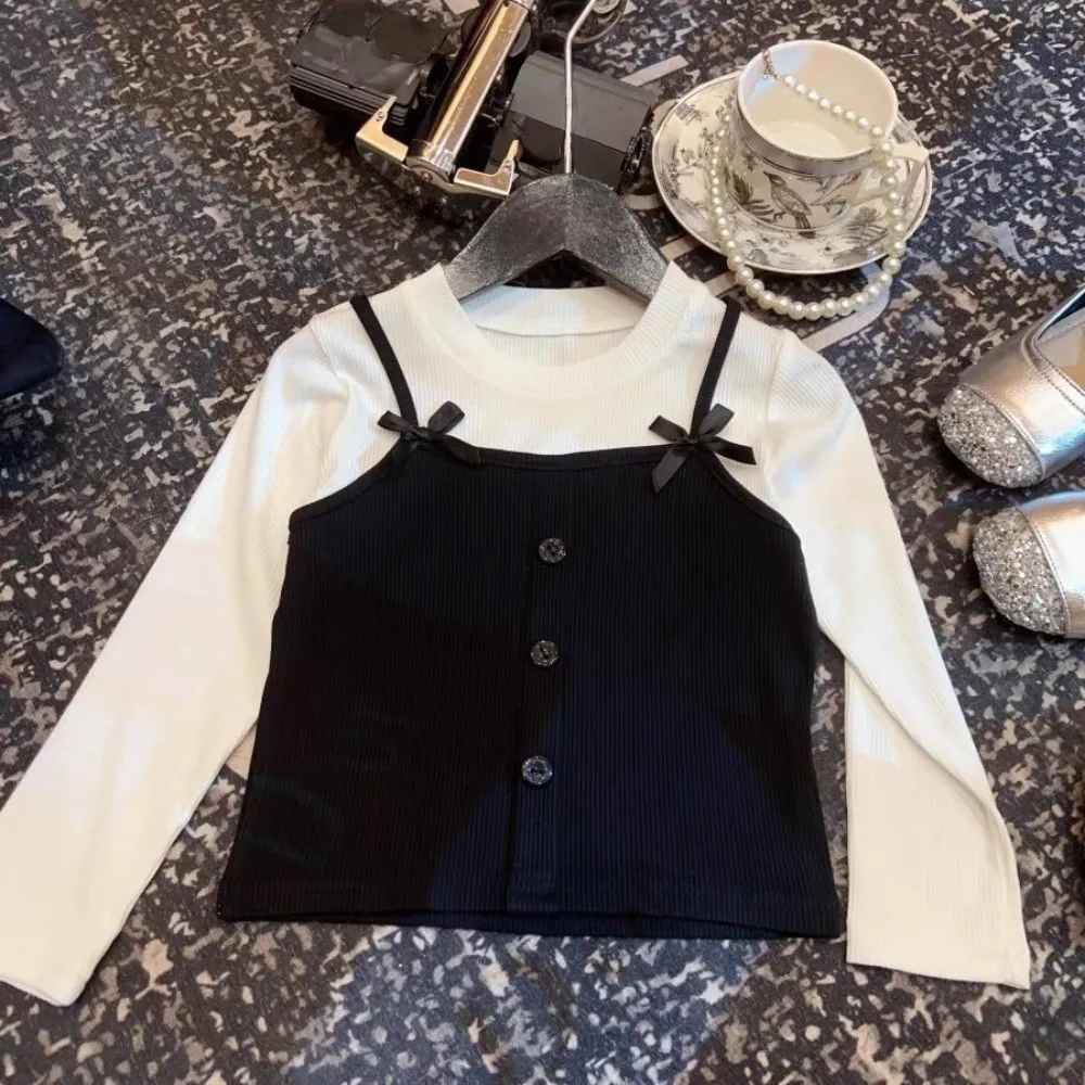 عارضة الكورية نمط كاذبة قطعتين أعلى الأميرة أنيقة طويلة الأكمام تي شيرت القوس قاعدة قميص الزي اليومي