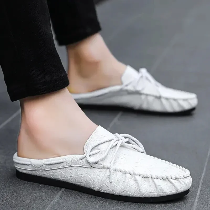 Summer Men Shoes Casual Fashion Mens Loafers Genuine Leather Half Slipper Breathable Slip on Lazy Driving Shoes Men Moccasins