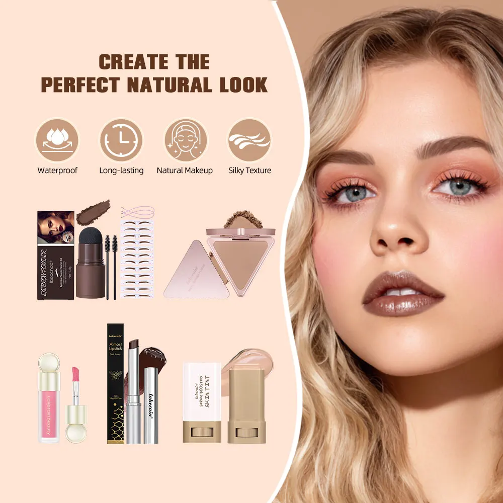Ensemble de maquillage pour débutant, bâton de rouge à lèvres hydratant au miel, fond de teint, baume, sérum, liquide léger, Blush, Kit de poudre de Bronze mat